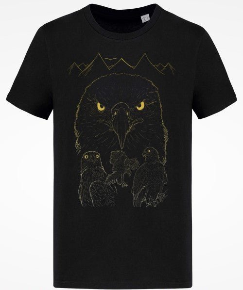 T-shirt façonné en france en coton biologique peigné noir avec comme dessin au trait imprimé dessus représentants des aigles rapaces