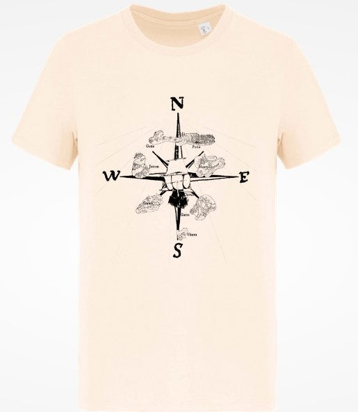T-shirt façonné en france en coton biologique peigné beige avec comme dessin au trait imprimé dessus représentants le pourfendeur, le navire de léquipage des héros du roman fantasy le traité de Vinon de elsa abadie penars
