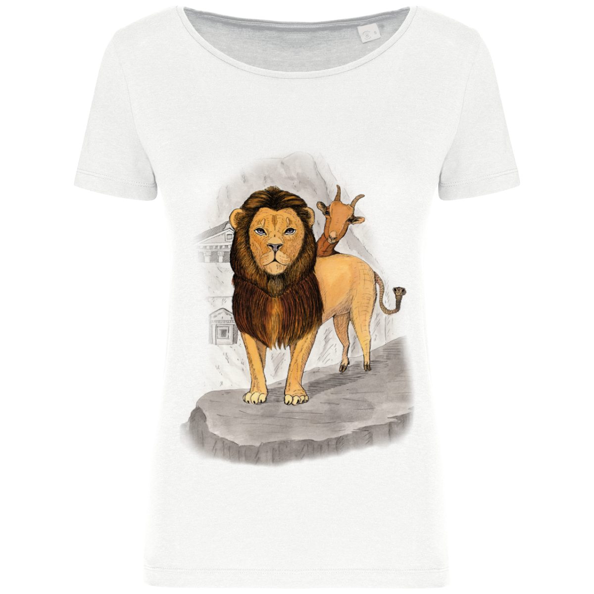 T-shirt femme blanc avec imprimé chimère, lion, chèvre, serpent