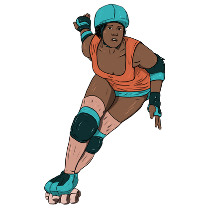 Magnet, aimant de réfrigérateur représentant un sport, elsa abadie penars,  femme en patin rollers chaussette montante beige orangée, débardeur orange short et équipement bleu