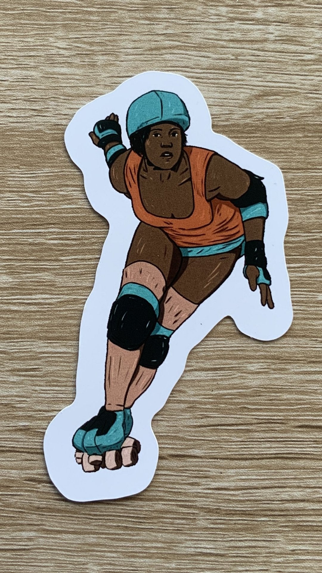 Magnet, aimant de réfrigérateur représentant un sport, elsa abadie penars,  femme en patin rollers chaussette montante beige orangée, débardeur orange short et équipement bleu