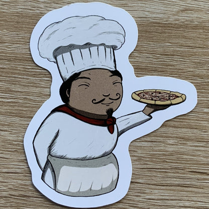 Magnet de elsa abadie penars dessin numérique représentant un  chef cuisinier pizzaiolo qui apporte une pizza