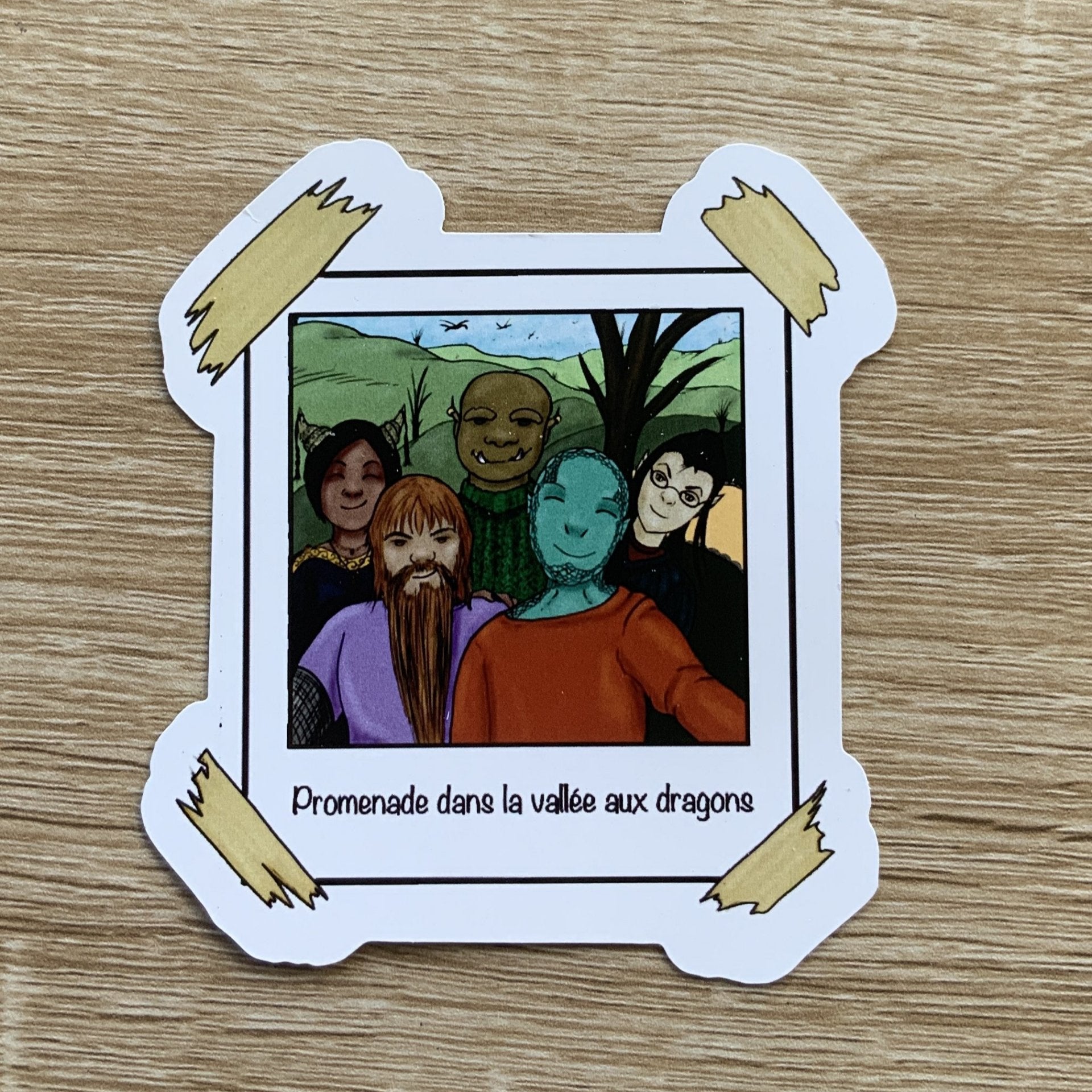 Magnet de elsa abadie penars dessin numérique représentant un selfie d'un groupe d'amis en vacances promenade un elfe un vimens un orc un nain et une succube