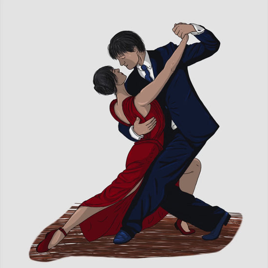 Magnet, aimant de réfrigérateur, frigo, dessin numérique, danse couple tango homme costume bleu femme robe rouge, inktober 2024 elsa abadie penars