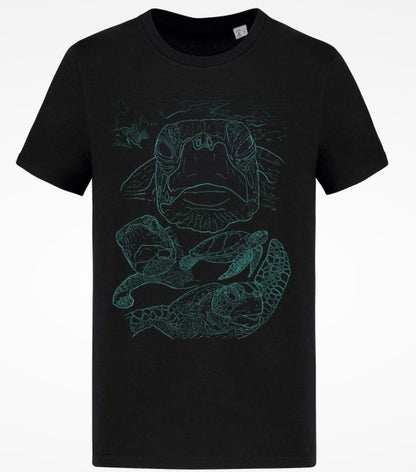 T-shirt façonné en france en coton biologique peigné noir avec comme dessin au trait imprimé dessus représentants des tortues de mers